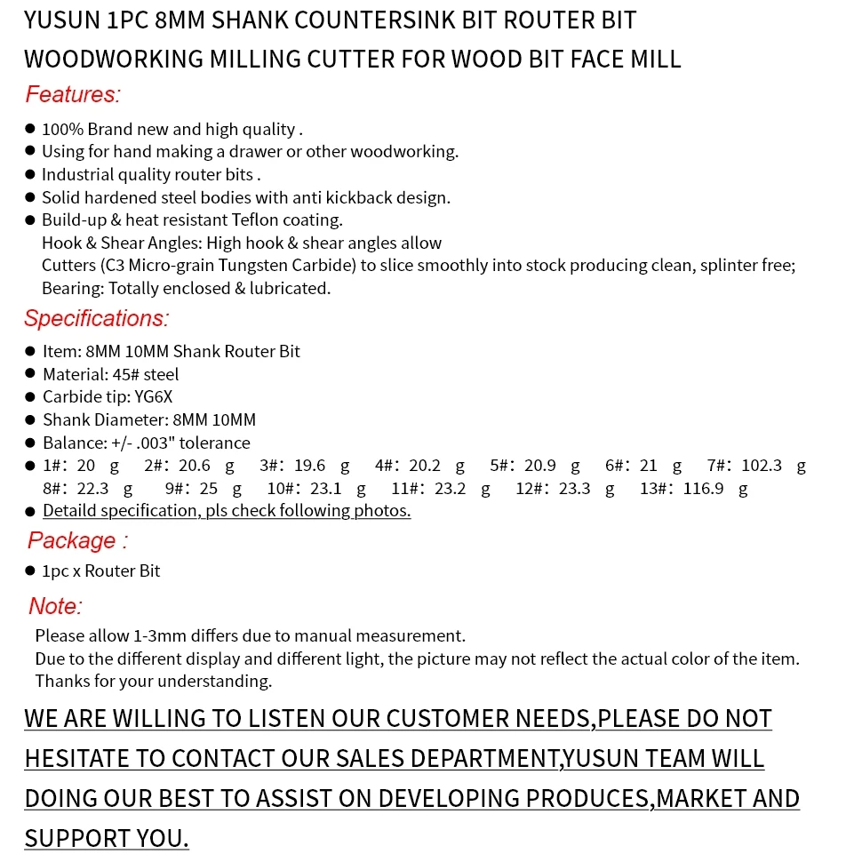 YUSUN  8MM Shank Hss Countersink  Router Bit Screw Extractor Woodworking Milling Cutter For Wood