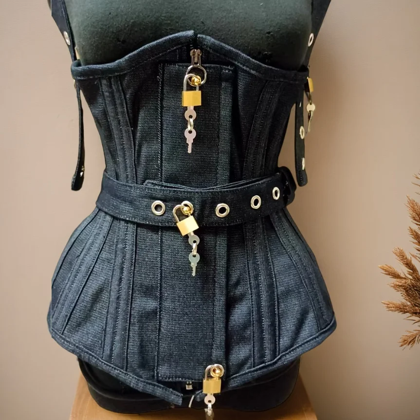 Women Corset Bustier With Locks And Keys Waist Slimmer Palace Vintage Bodice Palace Lace Up Steel Boned Tops Stage Costume 6