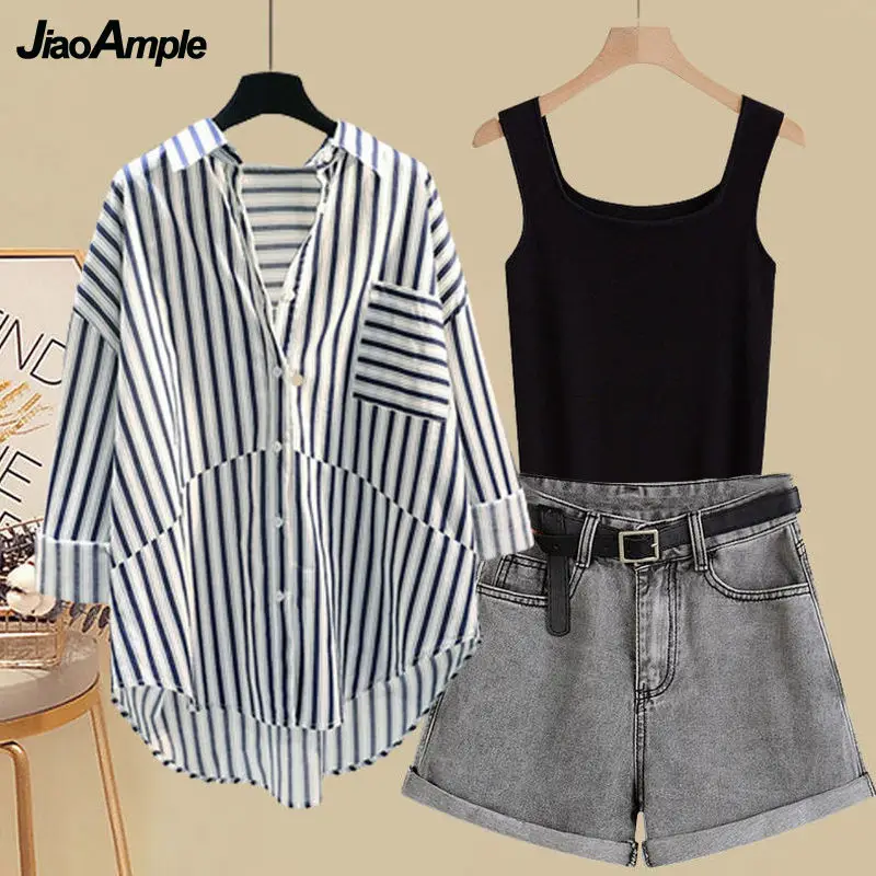 Women's Summer Matching Set 2024 New Casual Shirt Top+Striped Straps+Denim Shorts Three Piece Korean Elegant Blouse Pants Suit ii women s 2023 summer spaghetti straps v neck satin camisole sleeveless soft tank tops one shoulder sleeveless loose blouse