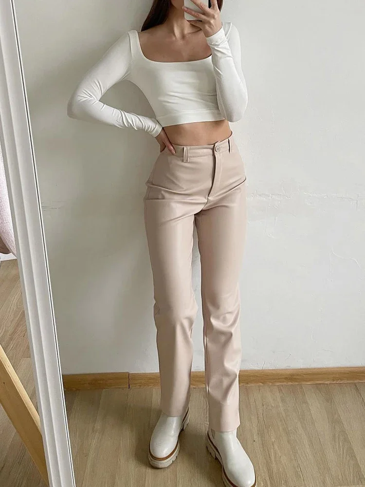 Winter Women's Leather Pants Black Slim Zipper Classic