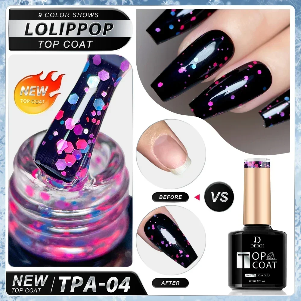 DEROI No Wipe Gel Top Coat with Yellow Sequin for Manicure Diamond Matte Topcoat Flash Glitter Nail Polish for Nail Art Soak Off 5