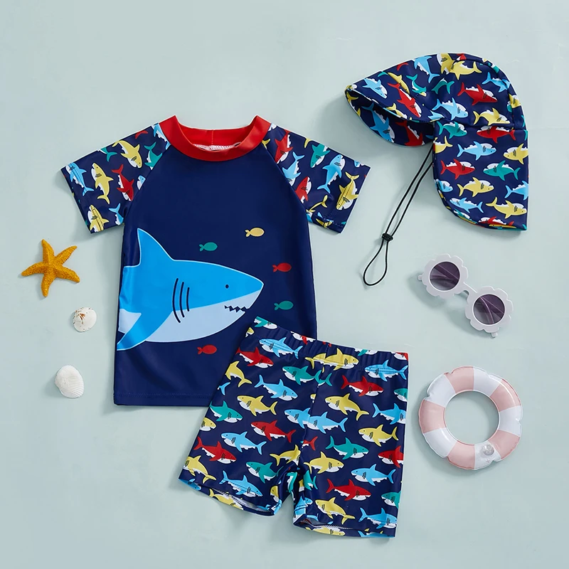 Lioraitiin Toddler Baby Boy 3Pcs Swimsuit Set Shark Print Short Sleeve Rash Guard Swim Tops Shorts Sun Hat Bathing Suit Outfit
