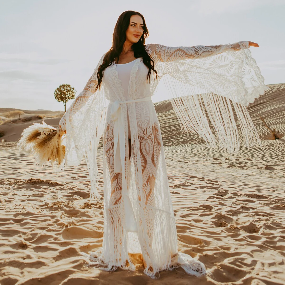 

Lace Fringed Wedding Robe Dress No Lining Transparent Long Batwing Sleeves V Neck Tassels Loose Maternity Pregnant Women Gowns