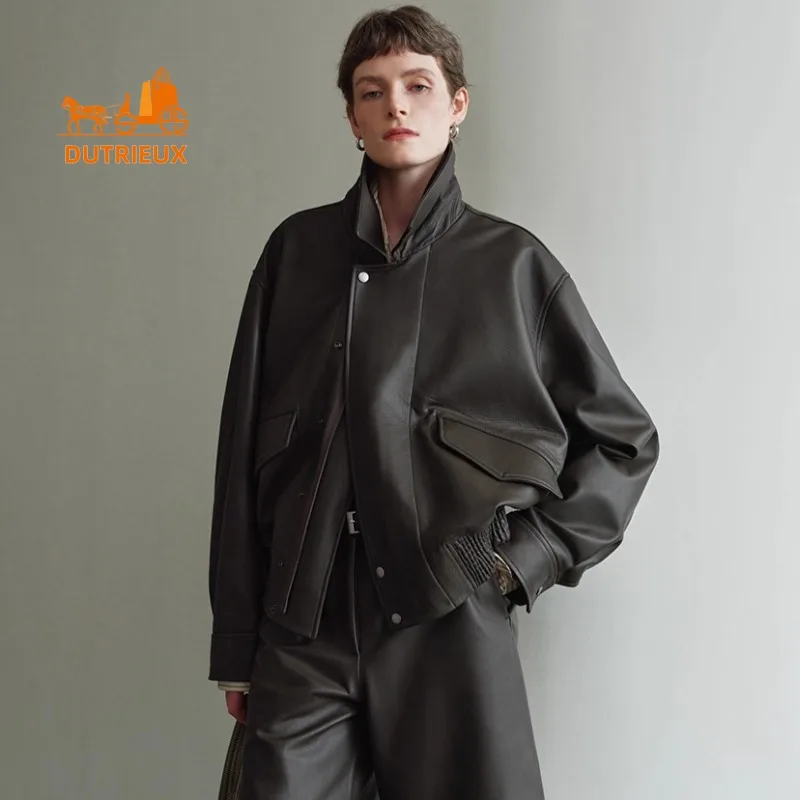 Winter Women's Short Lapel Waist Silhouette Flight Leather Jacket, 100% Real Sheepskin Retro Luxury Fashion Genuine Leather Coat