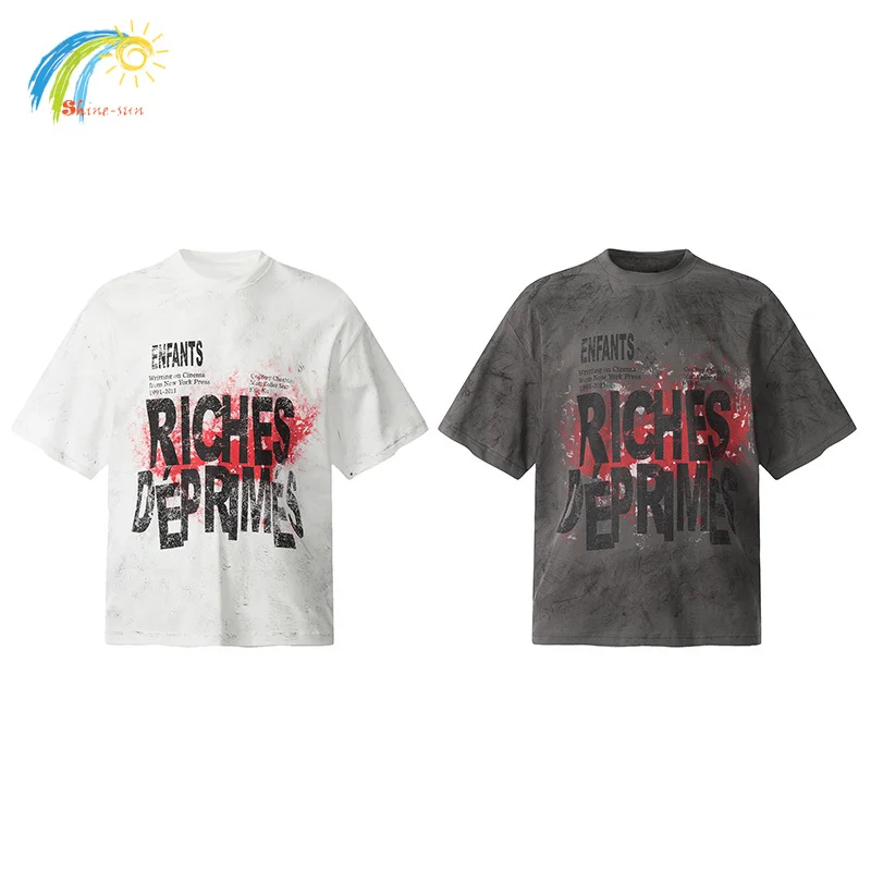 

White Carbon Gray High Street Mud Dyeing ERD T-Shirt Men Women Heavy Fabric Cotton Oversized Tee Tops Letters Print T Shirt