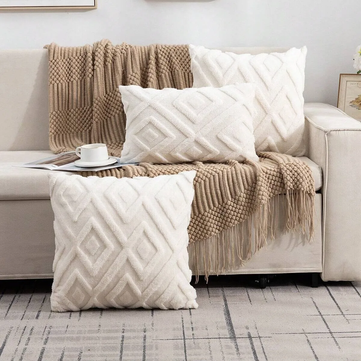 White Pattern 1 diamond-textured faux fur pillow