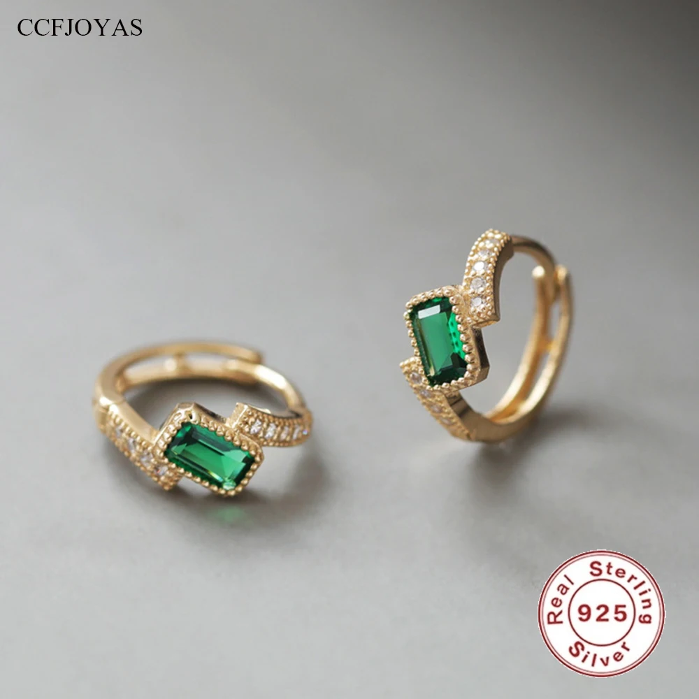 

CCFJOYAS 10mm 925 Sterling Silver Square Emerald Zircon Hoop Earrings for Women 18k Gold Plated Fashion Huggies Earrings Jewelry