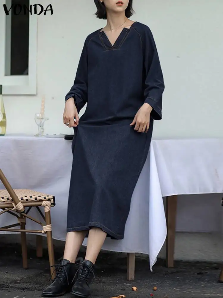 

Осеннее женское элегантное джинсовое платье VONDA, повседневное Длинное свободное однотонное платье средней длины с V-образным вырезом и длинным рукавом, модель 2023 года