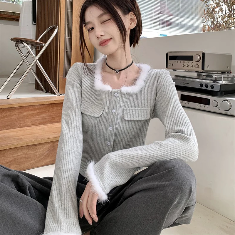 

Gidyq Autumn Women Cardigan Sweater Korean Fashion Patchwork Slim Fit Cropped Knitted Tops Casual Female Button Raw Edge Jacket