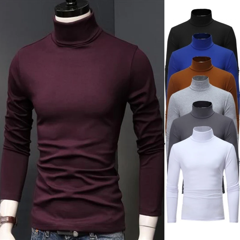 Men Slim Fit Turtleneck T Shirts Male Solid Color Long Sleeve T Shirts Autumn Spring Casual High Neck Tshirt Top Plus Size M-3XL