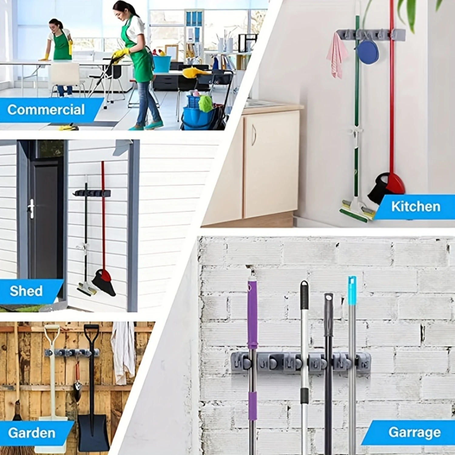 Mop Broom Holder Plastic Wall Mounted Row Clip Hook Wall Hanging Rack Hook Simple Punching Installation 1set
