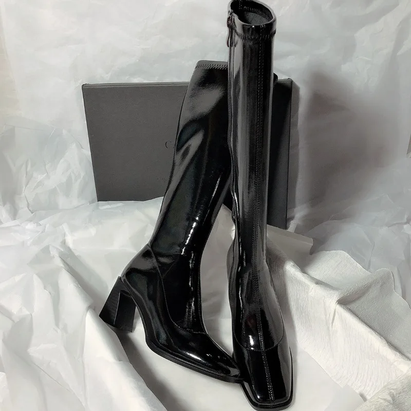 

High Quality 7CM Women Long Boots Patent Leather Ladies Zip Knight Boots Fashion High Heel Knee-high Lady Boots Woman Shoes