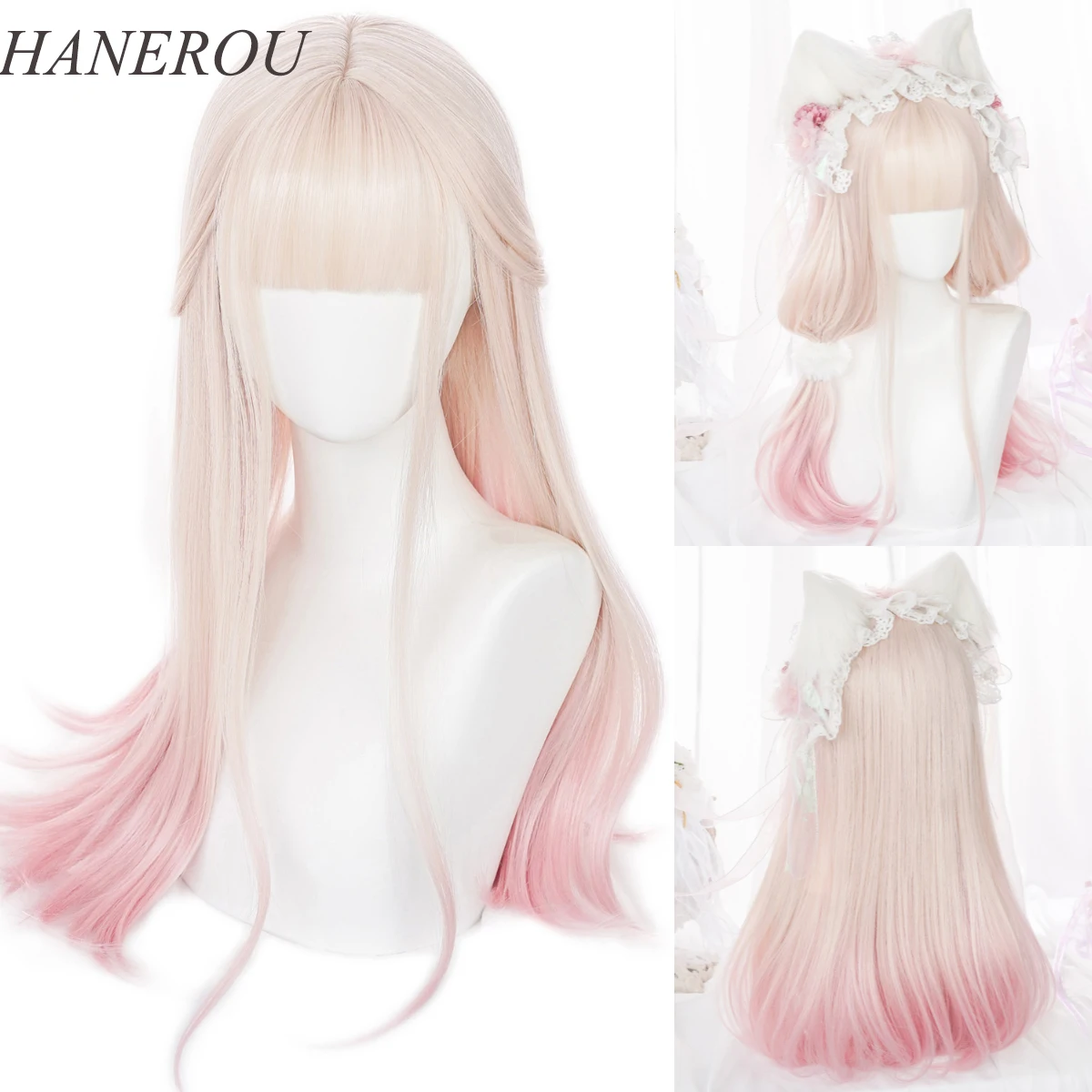 HANEROU Cos Lolita Wig Blonde Pink Hair for Party Long Straight Synthetic Cosplay Wigs for Women
