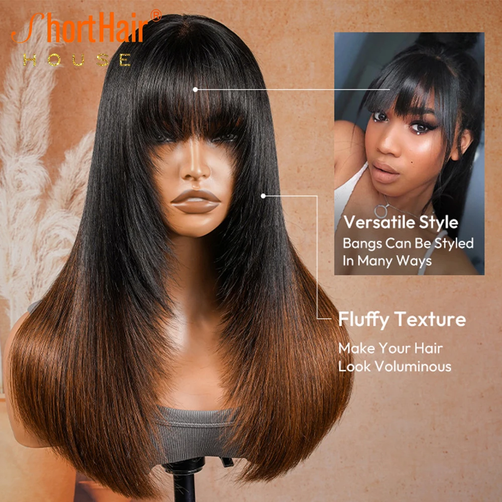 ストレート人毛ウィッグ 前髪付き グルーレスウィッグ フリンジ