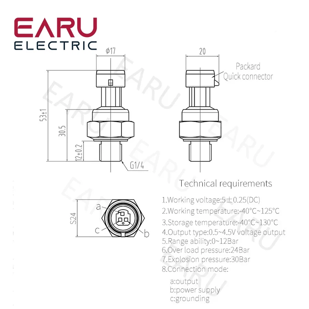 DC5V G1/4 Pressure Sensor Transmitter Pressure Transducer 1.2 MPa 174 PSI For Wa