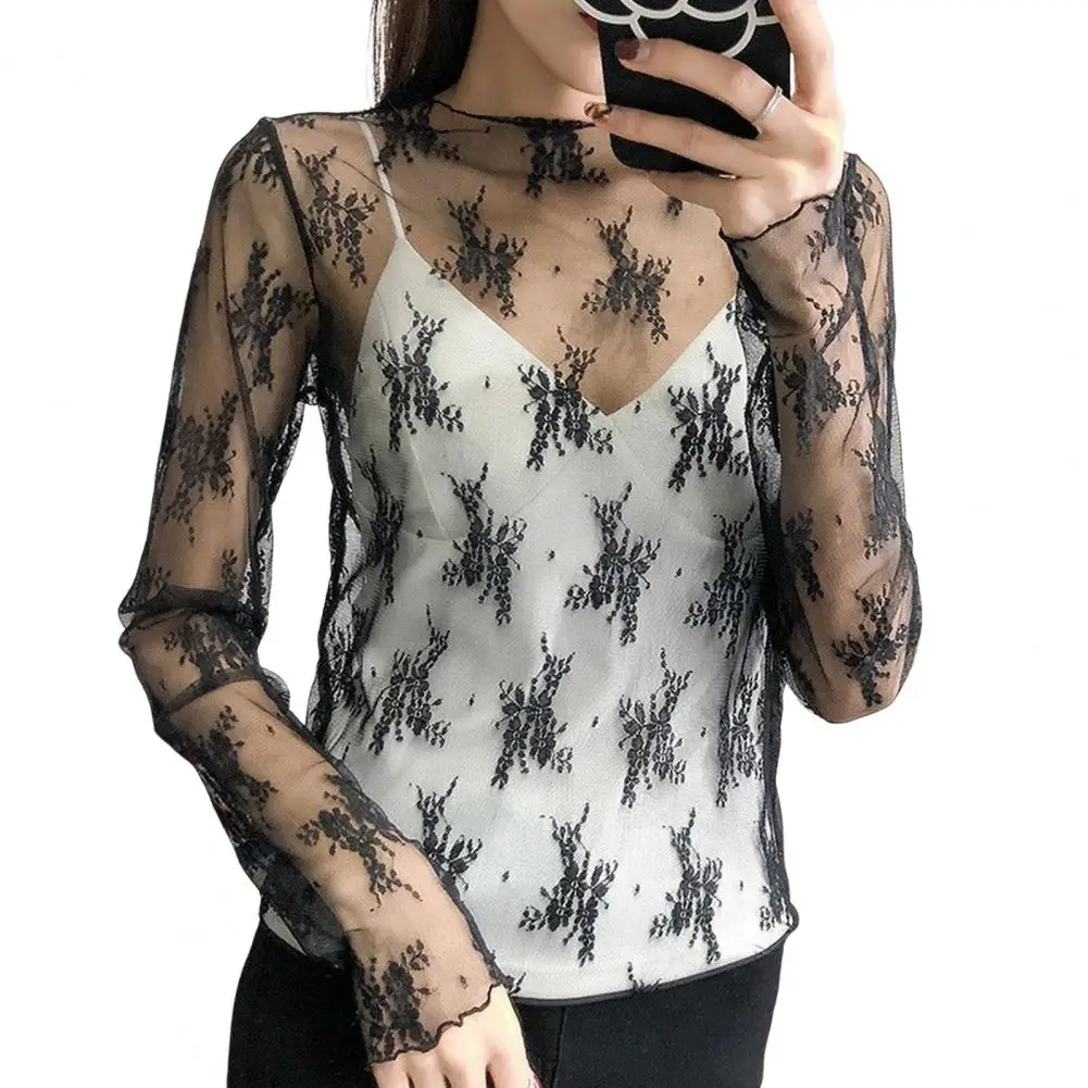 

Women Tops Floral Hollow Mesh Sheer Sexy Crew Neck Long Sleeve Embroidered Lace See-Through Shirt Clubwear