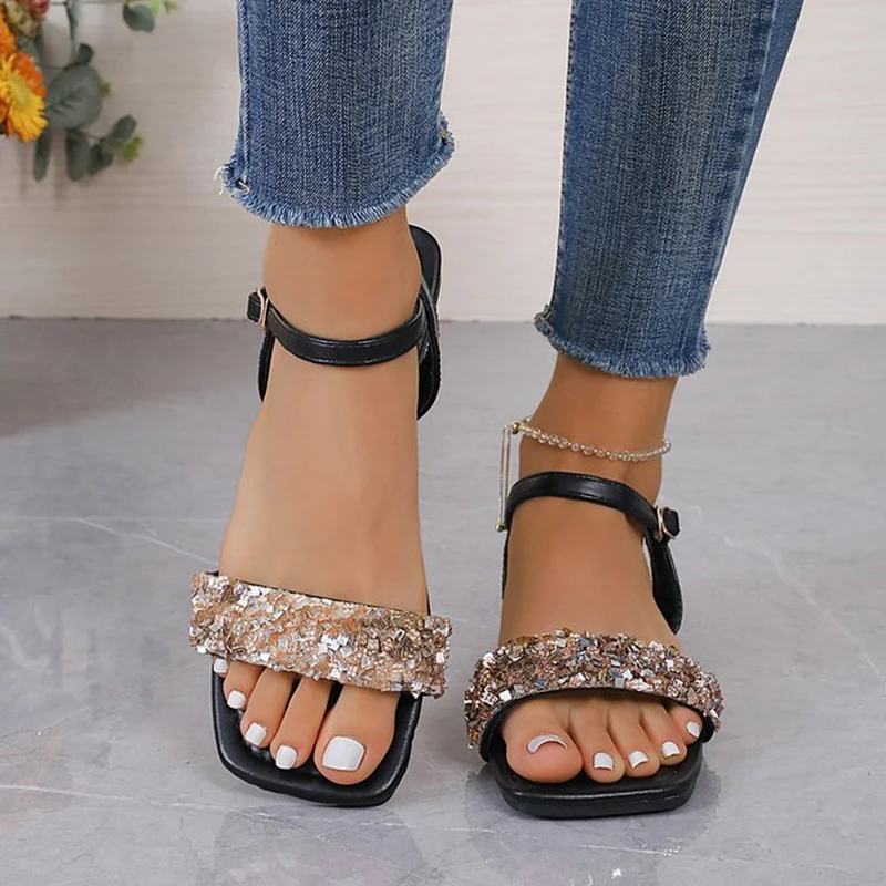 

Bling Women Flats Sandals Summer Open Toe Dress Shoes Designer New Beach Slippers 2024 Brand Flip Flops Slides Zapatillas Female