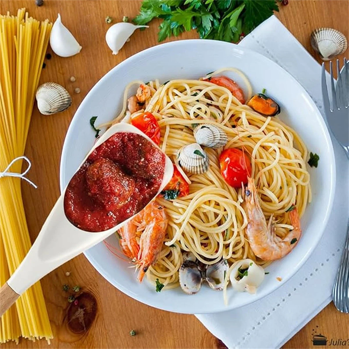 Multi-Function Spoon, Multi-function Spatula Spoon, Silicone Stirring Spoon with Wooden Handle for Nonstick Cookware