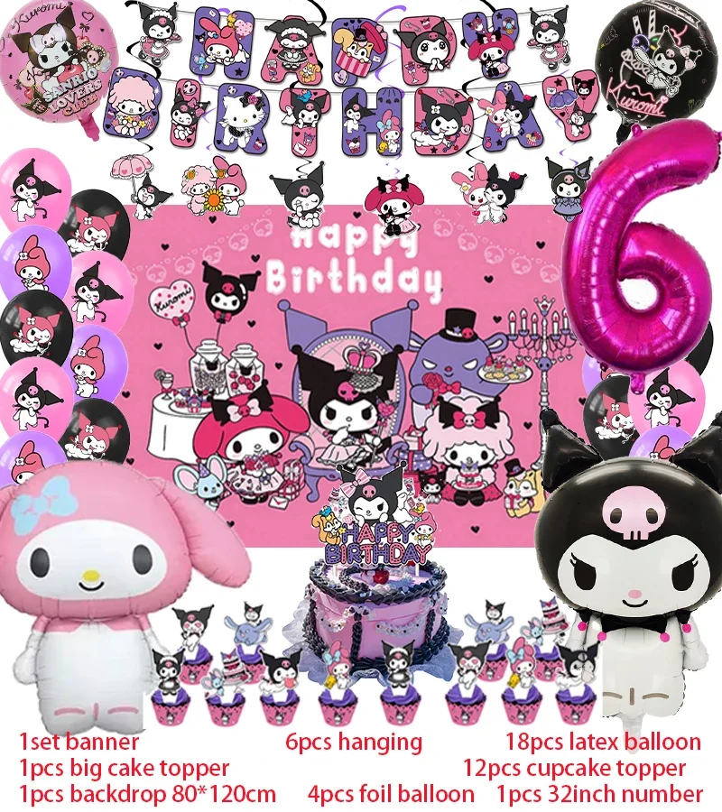 thumbnail image 1 of Decoración de fiesta de cumpleaños de dibujos animados, decoración de globos, pancarta, telón de fondo, vajilla Kuromi, adorno de pastel, suministros para Baby Shower, 1 of 5