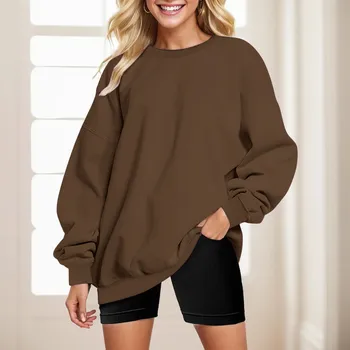 Coffee Oversize Women Sweatshirts Autumn Long Sleeve Round Neck Loose Casual Hoodies Solid Color Harajuku Street Clothing y2k 1