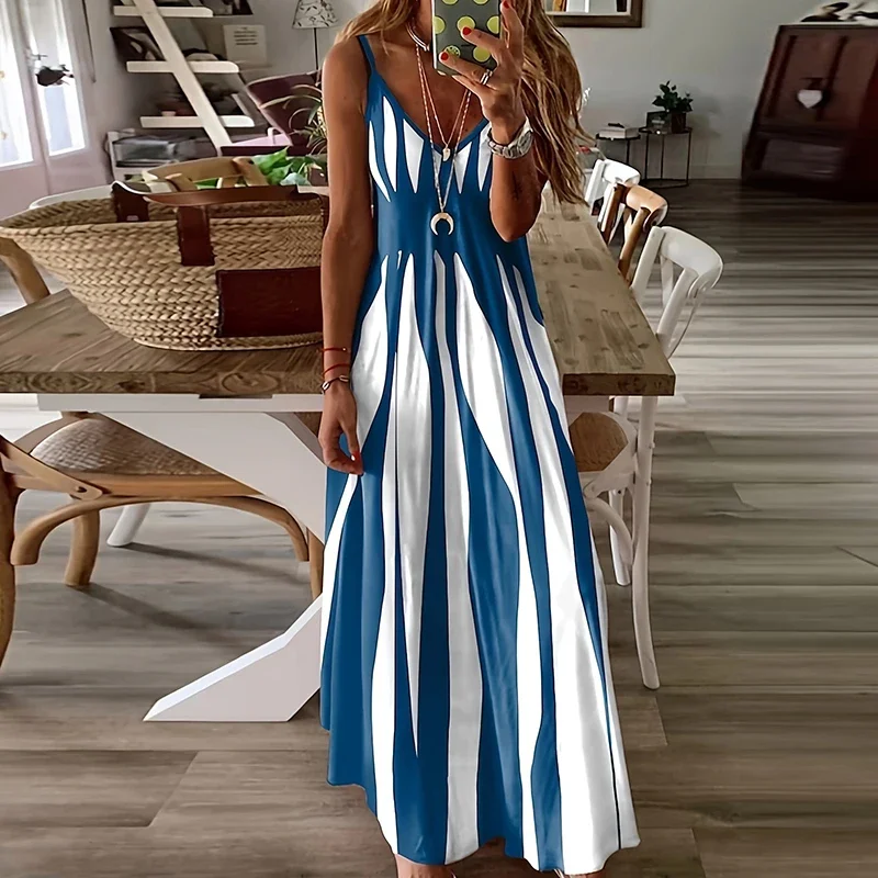 

Женское повседневное длинное платье с принтом, элегантное свободное платье в стиле High Street с глубоким V-образным вырезом, летние праздничные пляжные свободные платья без рукавов