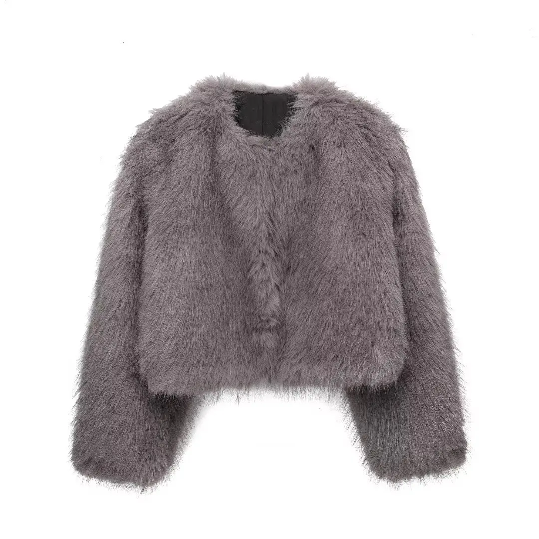 

2024 Autumn Winter Women Artificial Fur Effect Trendy Short Jacket Round Neck Long Sleeve Cardigan Warm Loose Street Chic Coat