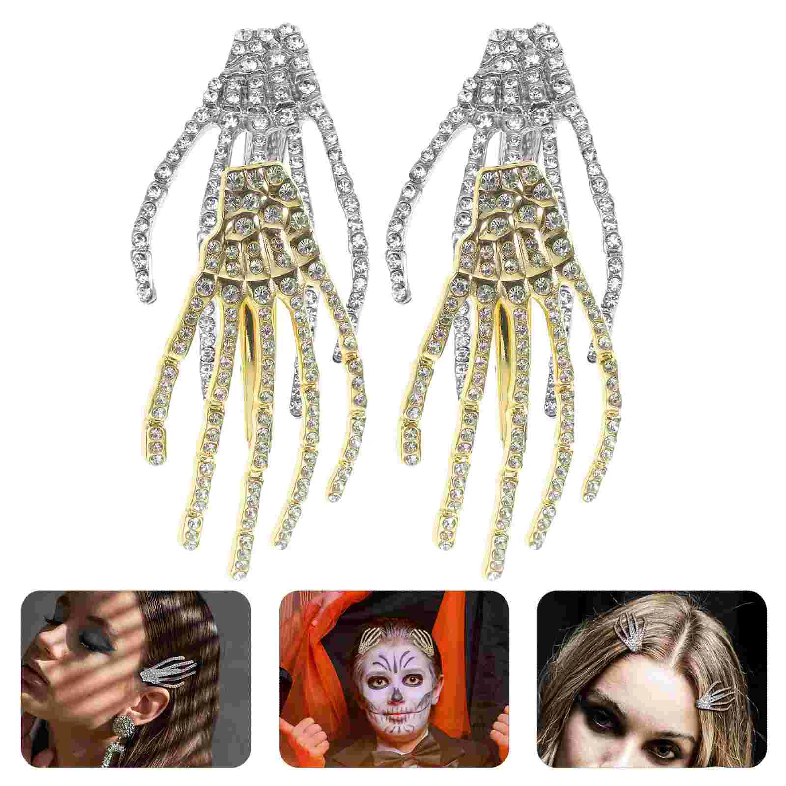 

4 Pcs Skull Hair Clip Rhinestone Clips Rv Accessories for Women Decorations Trinket Halloween Hand Shape Hairpin Crystal