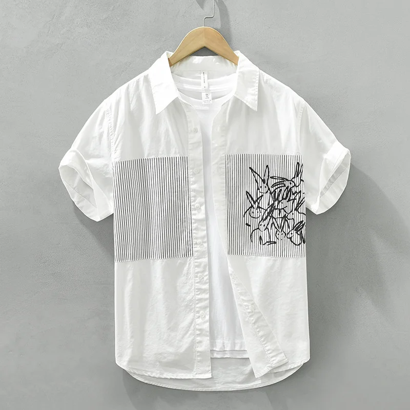 

Stripe Printed Patchwork Trend Short Sleeved Shirt For Men Summer Thin Pure Cotton Breathable Design Casual Shirt Loose Fit Tops