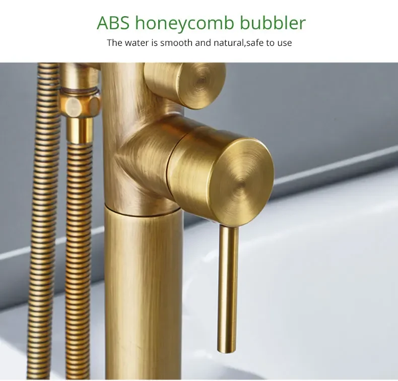Description Picture 4 of itemAntique Brass Bathtub Faucet Floor Mounted Swive Spout Tub Mixer Tap with Handshower Handheld Bath Shower Water Set