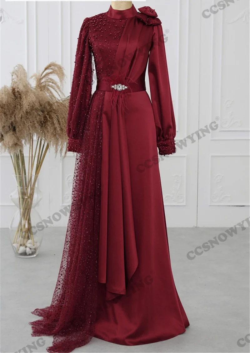 

Fashion Long Sleeve Muslim Evening Dresses Appliques Beaded Islamic Formal Party Gowns High Neck Women Arabic Robes De Soirée