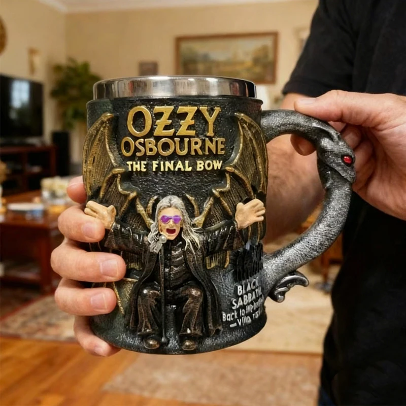 New Retro 3D Resin Mug Ozzy Osbourne The Final Bow Crafts Ornament Stainless Steel Inner Container Cup for Bar Restaurant & Home