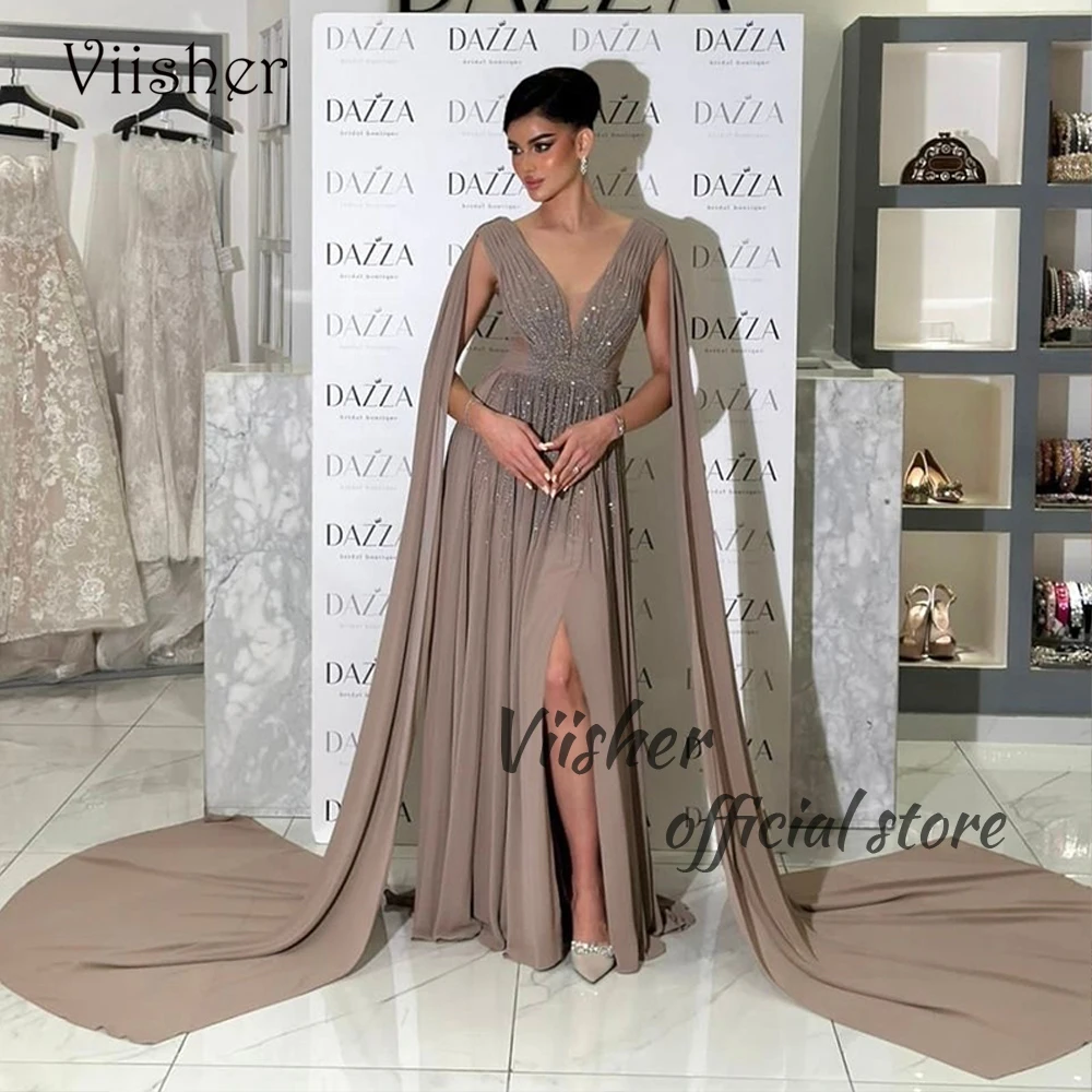 

Brown Evening Dresses with Slit Cape Beaded Chiffon A Line Arabian Dubai Formal Prom Dress 2024 Luxury Evening Party Gowns