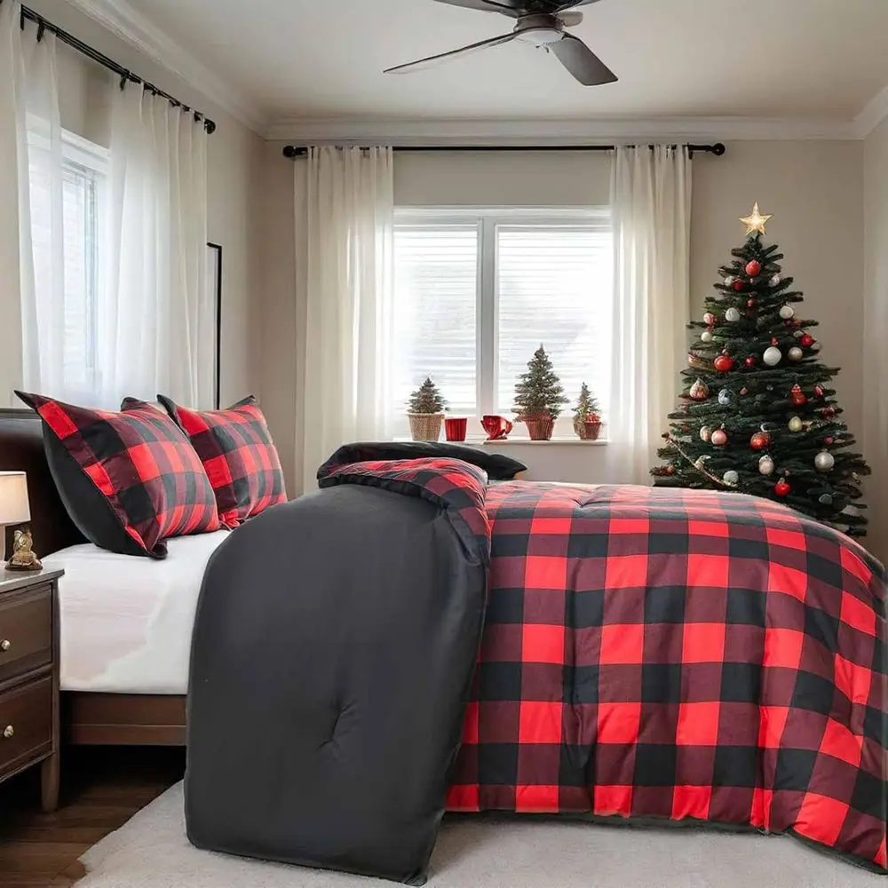 Reversible Microfiber Duvet Cover Set - Red & Black Buffalo Check Plaid, 3-Piece Modern Bedding for Christmas & New Year, 90x90 description