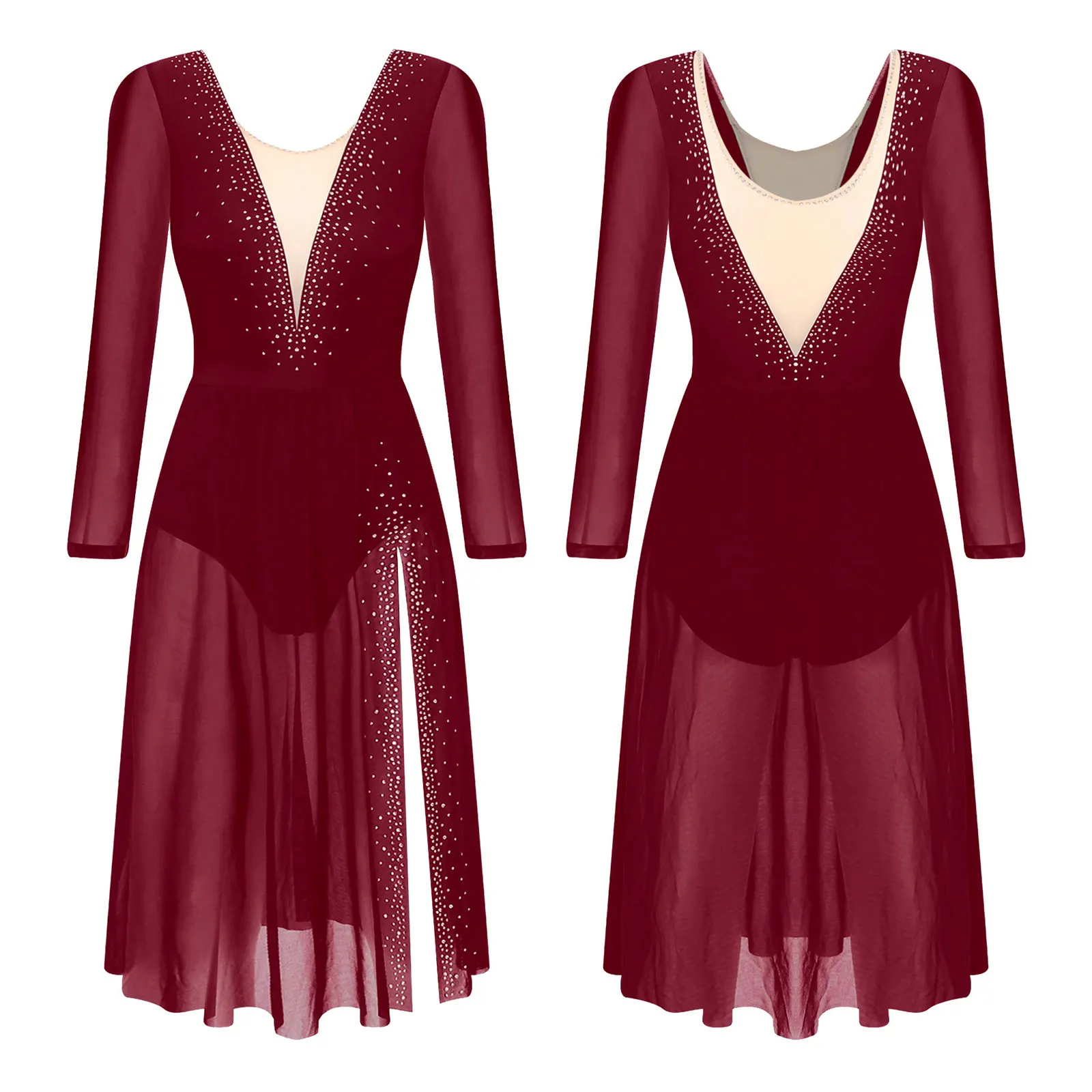Abito Da Danza Classica Donna, Asimmetrico A Blocchi Di Colore – Costume Lirico Moderno, Elegante E Traspirante Per Spettacoli Teatrali (Borgogna, M)