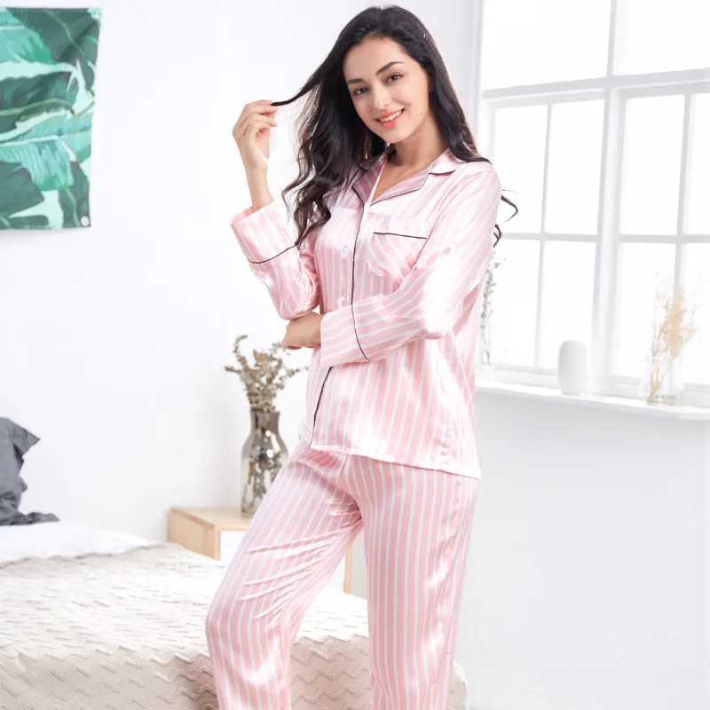 Pink Striped Satin Pajama Sets Sleepwear Pyjama Pijamas Night Wear Femme Lady Ensembles Pyjama Pajamas Summer Pj Set 2 Piece
