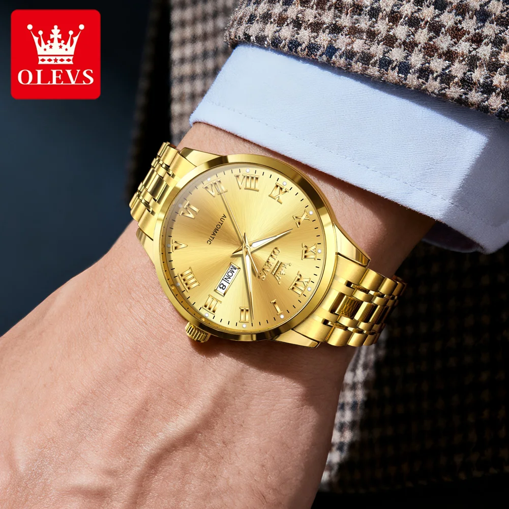 OLEVS 7060 Luxury Automatic Men's Watches Dual Calendar Business Mechanical Wrist Watches For Man Luminous Waterproof Man Watch