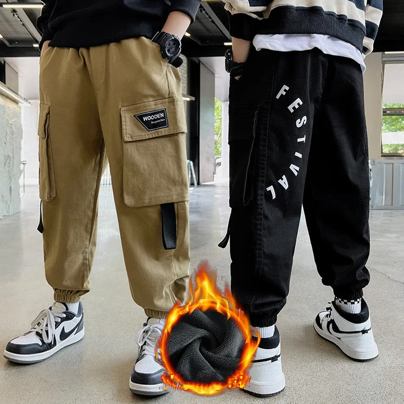 

New Teen Boys Winter Warm Pants Elastic Waist Cargo Trousers 4-14 Years Children Clothing Plus Velvet Kids Casual Joggers Pants