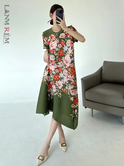 LANMREM Vacation Style Printting Short Sleeve Women's Dress 2025 New Summer Loose Elastic Round Collar Pleated Dresses 2DB3436