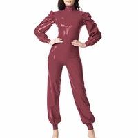 Plus Size PVC Hight Street Romper Fashion High Neck Back Zipper Long Jumpsuit Women Puff Long Sleeve Solid Color Party Playsuit - Image 5