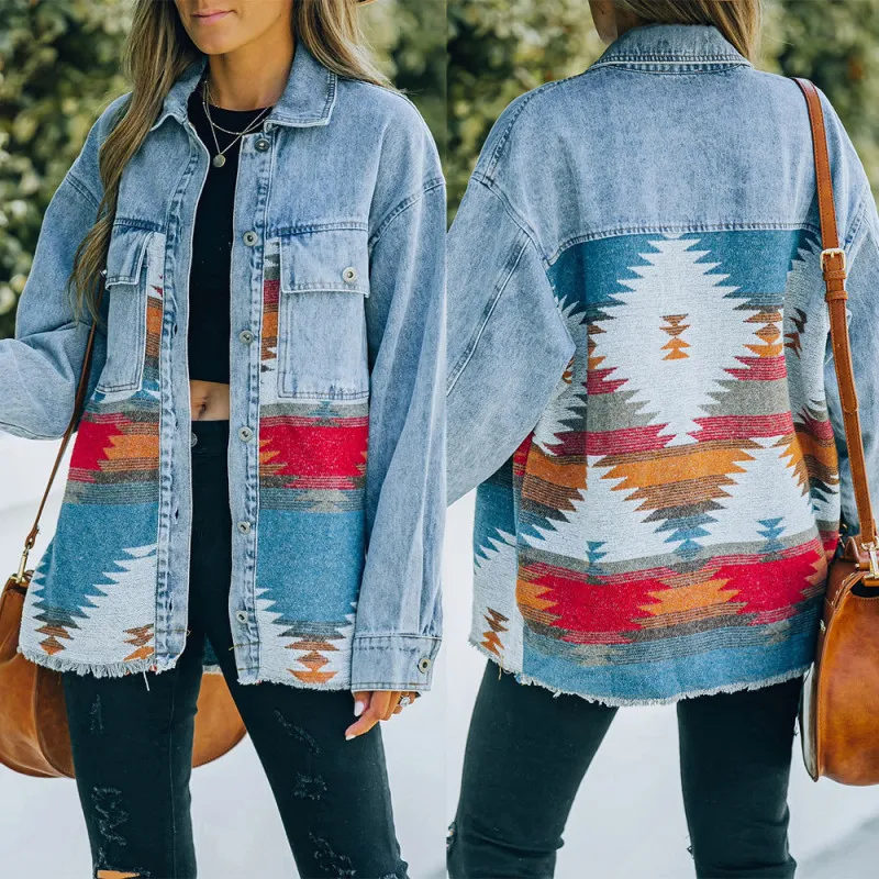 

Women's Vintage Patchwork Denim Jacket Long Sleeve Lapel Button Down Coat