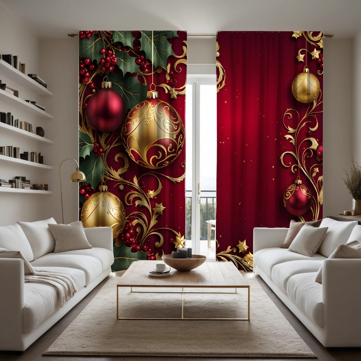 2pcs HD Christmas drop ball Holly berry decorative curtain Red green tie digital printed curtain Home decoration style decora 3