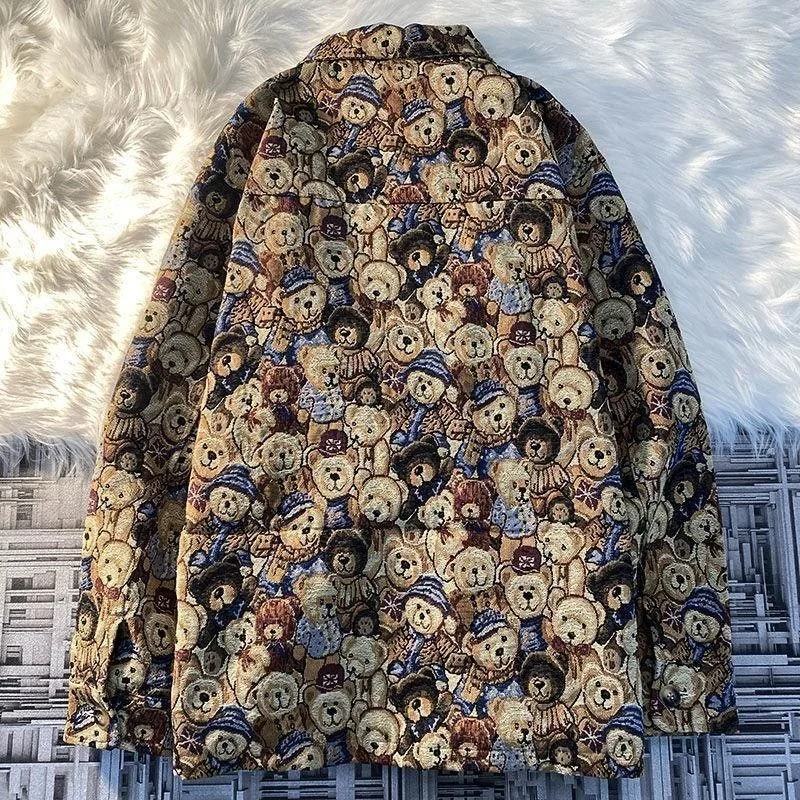 2022 New Women Clothing Autumn and Winter Fashion Casual Cute Bear Print Lapel Jacket for Men and Women Single-breasted Jacket