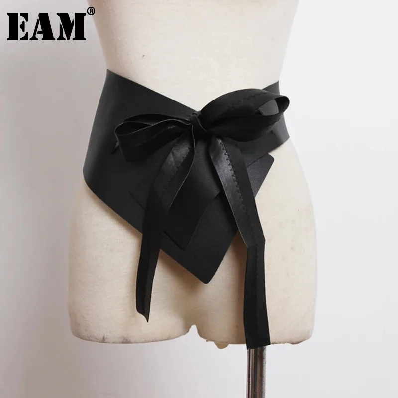 

[EAM] Pu Leather Black Bandage Irregular Long Wide Belt Personality Women New Fashion Tide All-match Spring Summer 2024 1U665