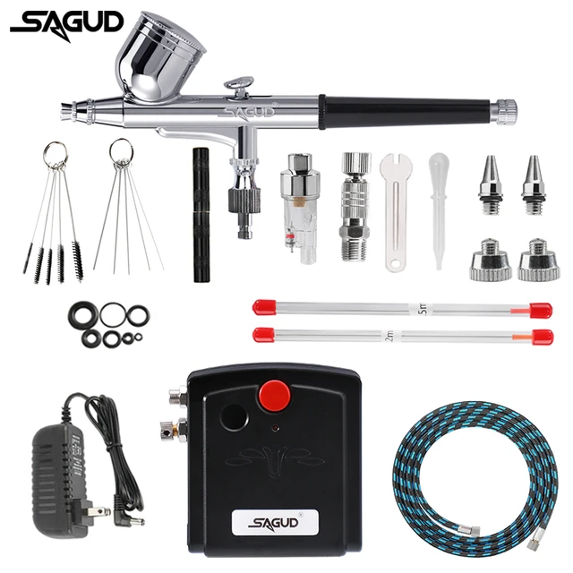 SAGUD Side Feed Airbrush Kit 0.3mm Double Action Air Brush Gun Set with 0.2mm 0.5mm Nozzles Needles Air Caps, Hose, Adapter, Mini Airbrush Filter