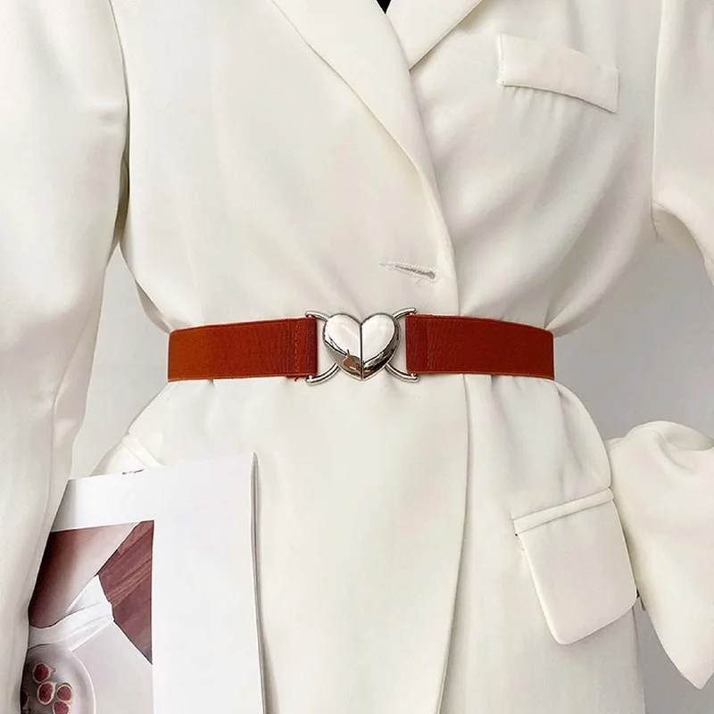 

Women Elastic Belts Love Heart Metal Buckle Waist Dress Coat Sweater Decorative Elegant Exquisite Waistband Accessories