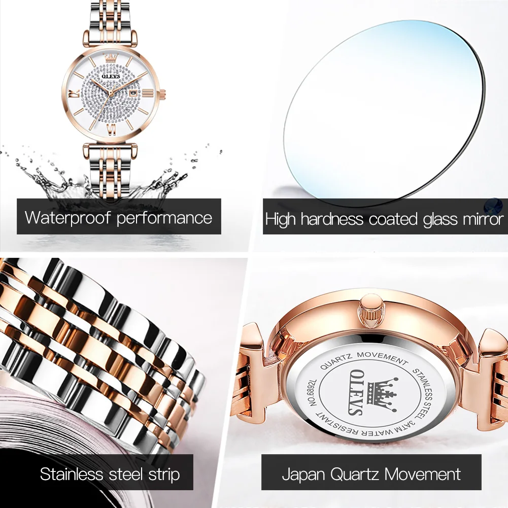OLEVS Quartz Watch for Women Luxury Stainless Steel Waterproof Calendar Dial Fashion Elegant Ladies Wristwatch Gift Reloj Mujer