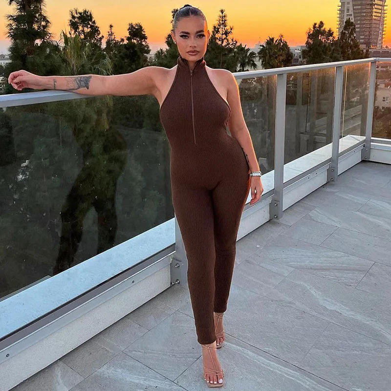 

Gtpdpllt Sexy Halter Backless Zipper Ribbed Jumpsuit Athletic Clothes For Women One Piece Baddie Outfits Sportswear Rompers