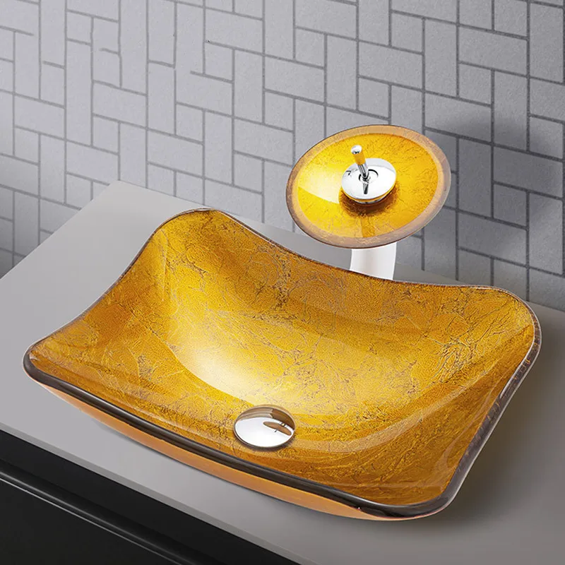 

Russia/France Bright Golden Yellow Bathroom Sinks Tempered Glass Bath Art Washbasin Faucet Set Waterfall Spout for Home/Hotet