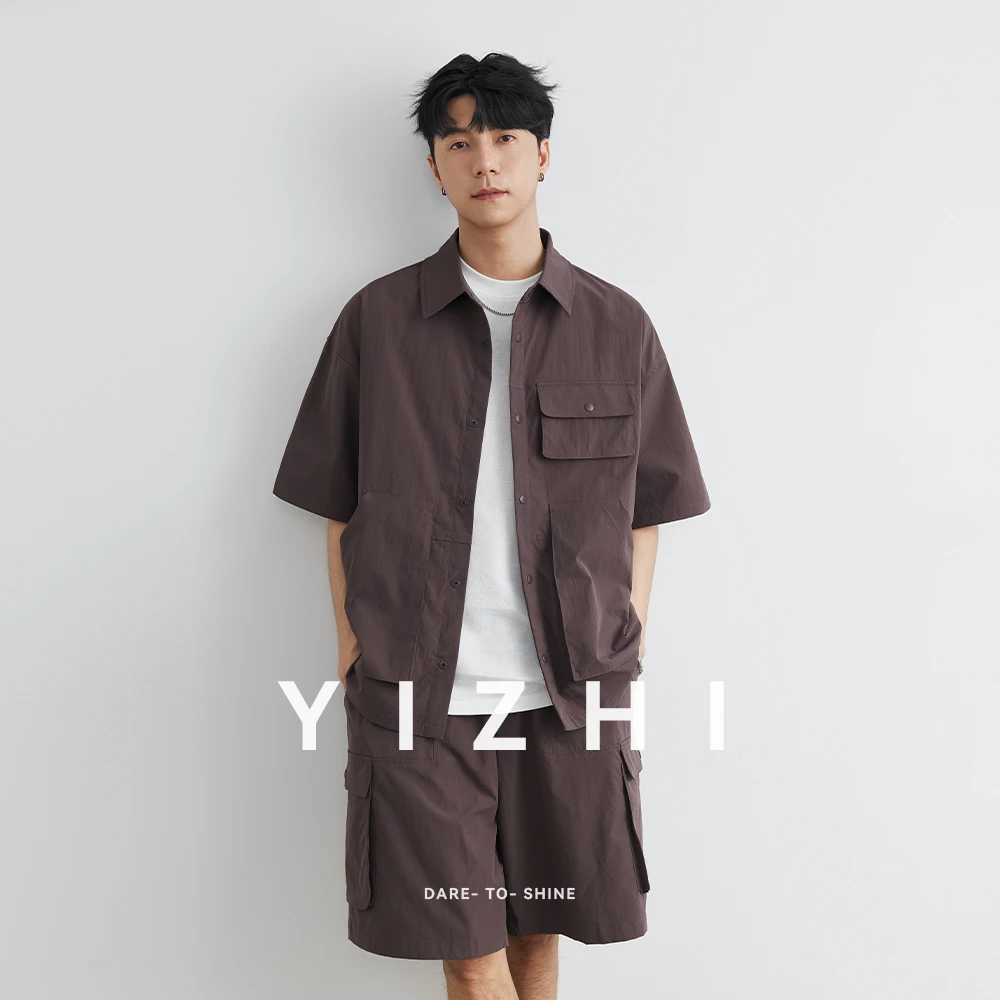 Summer Men Loose Casual Short Sleeve Cargo Shirt Shorts 2 Piece Sets Suits Cityboy Streetwear Fashion Tracksuits Men's Suits
