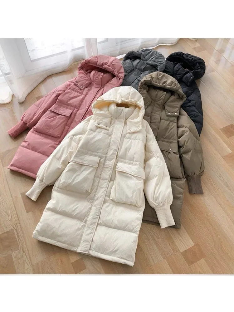 Oversize Women Clothing Down Jackets Warm Long Sleeve Hooded Long Parkas Outerwear Lace-up Down Coat Thick Big Pocket New